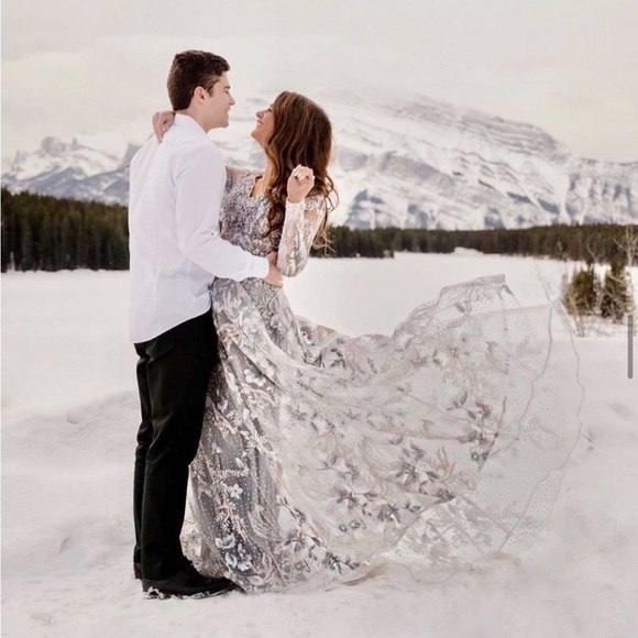 Mac Duggal 20214 Long Sleeve Beaded Appliqué Gown NWT Grey Multi - Picture 3 of 8